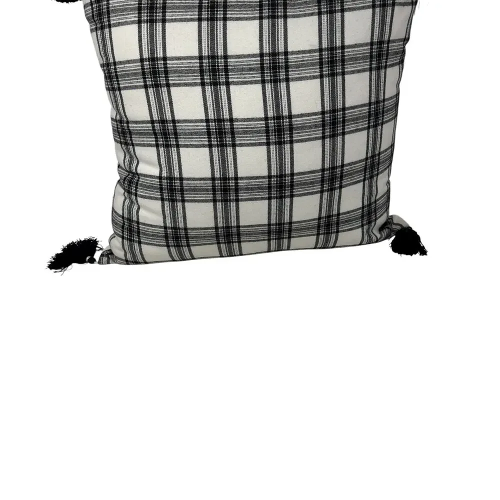 Rae Dunn BLESSED Throw Pillow Black White Plaid Tassel Farmhouse Accent Cushion